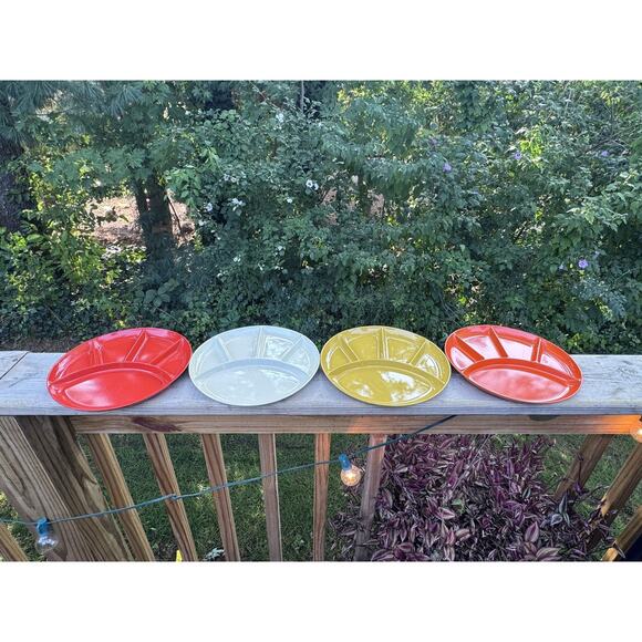 (4) Set Vintage MCM melamine Divided Fondue Plate Japan Sushi Snack 9" - Picture 1 of 11